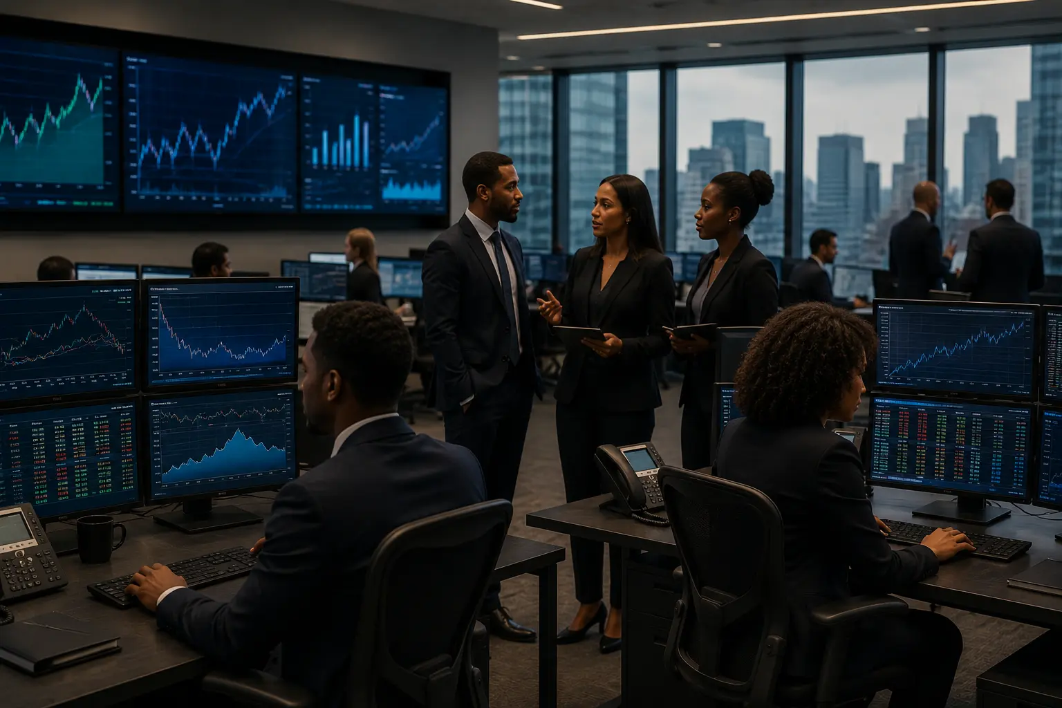 Financial professionals collaborating in a trading office with market dashboards