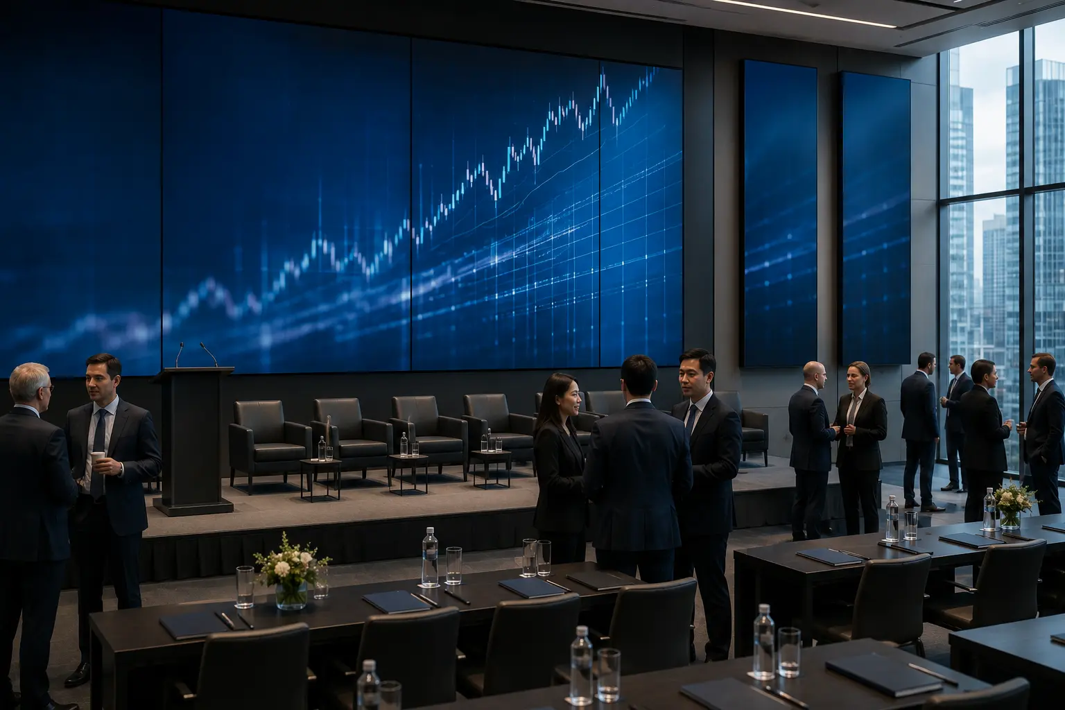 Investment event space with a large digital market display and finance professionals networking