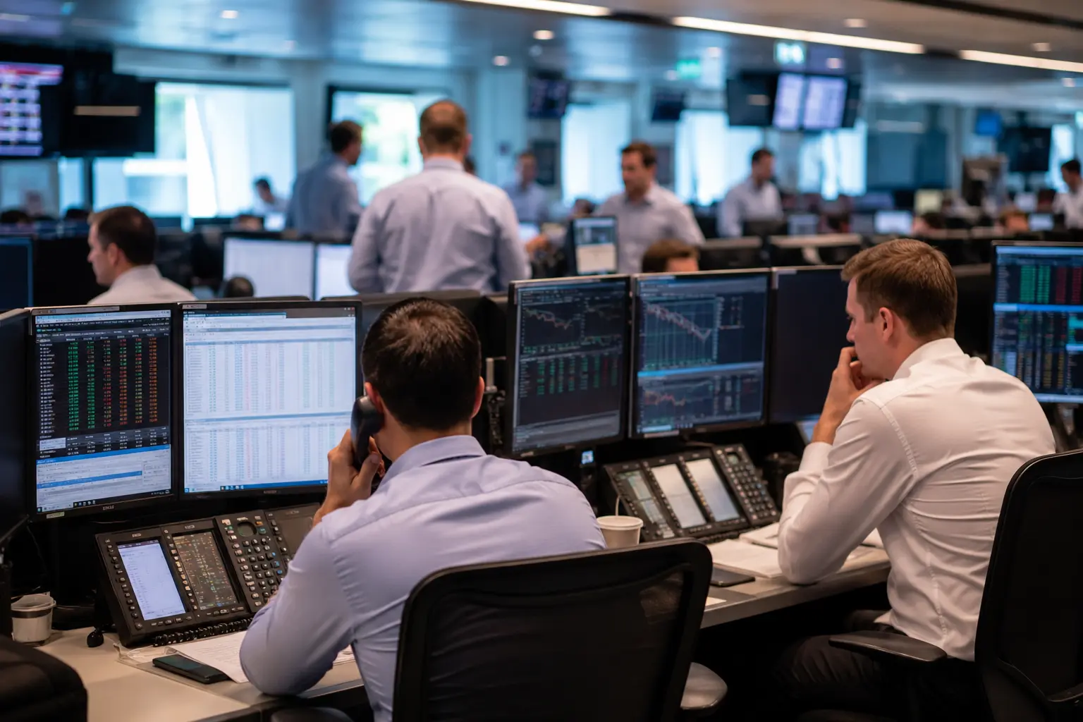 Financial trading floor with analysts monitoring market screens